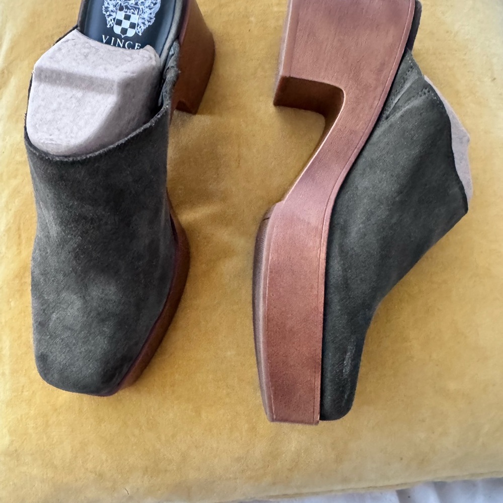 Vince Camuto Olive Suede Platform Mules with a Brown Heel